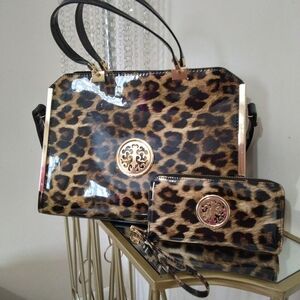 Dasein Leopard Tote and Zip Wallet Set with Gold Emblem NWOT